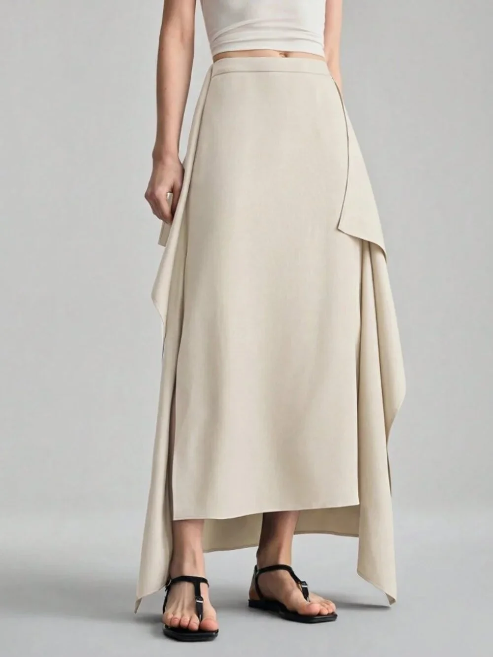 Cream Draped Asymmetric High-Slit Maxi Skirt
